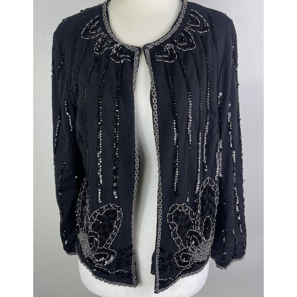 Flying Tomato Formal Cardigan Jacket L Black Sequined MOB Bling Evening Wear